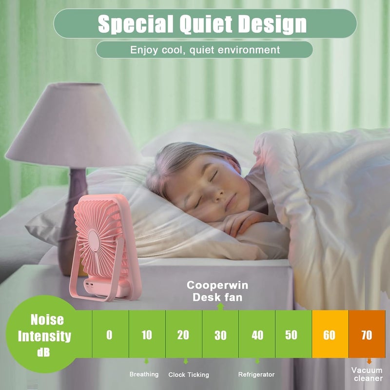 COOPERWIN Portable Fan Rechargeable, Small Desk Fan Quiet, 180°Tilt Adjustable Personal Fan for Sleeping, Battery Operated, 100 Speeds, Table Fan for Bedroom Office Home Outdoor, Pink - Image 3